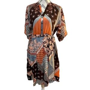 NWT Johnny Was Roslyn Embroidered Orange Blue Patchwork Print Shirt Dress S